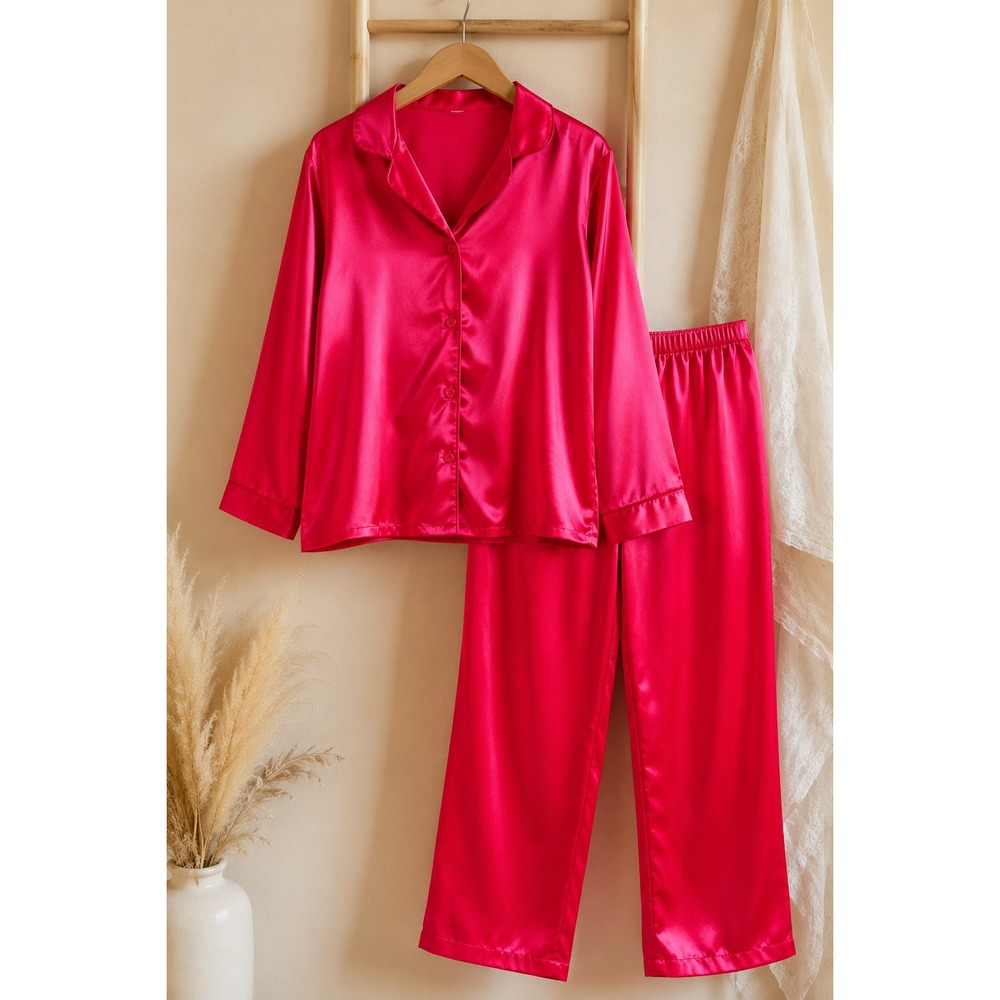 Y2K Hot Pink Satin Pajama Set Button Front Sleepwear Lounge XL Retro Glam